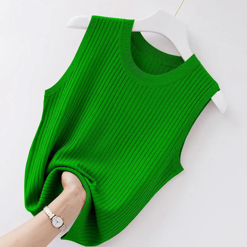 Summer Ice Silk Vest Women's Korean Version Solid Color Knitted Thin Loose Temperament Round Neck Sleeveless Top for Outer Wear green