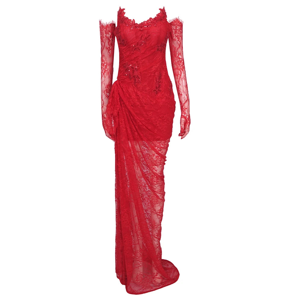 Black Lace Maxi Dress Women Sexy Strapless Long Sleeve Gloves Design High Split Party Dresses Gowns Red