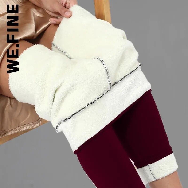 We.Fine Winter Women Thicken Warm Leggings Thick Velvet Fleece Pants High Waist Female Thermal Leggins Cold Resistant Pants wine leggings