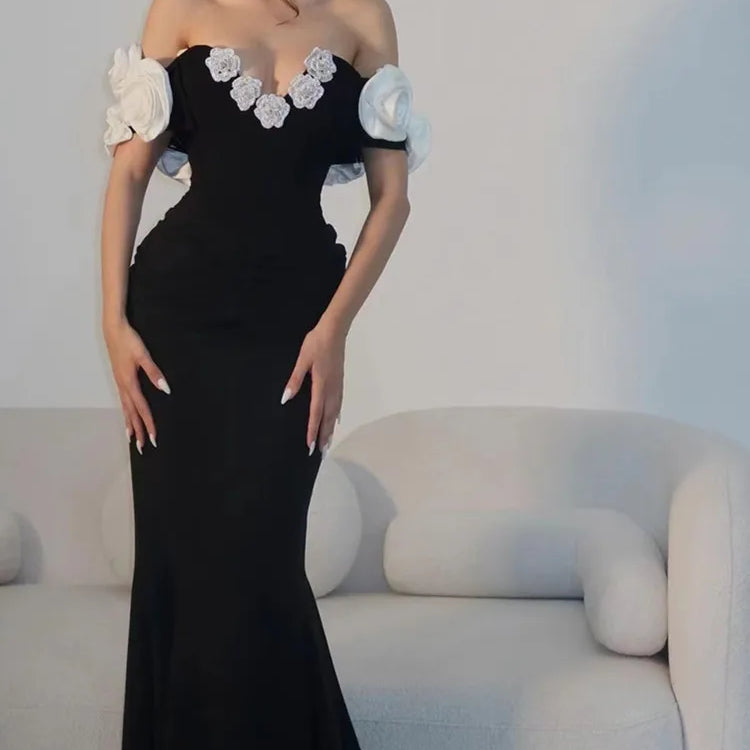 Women Celebrity Summer Sexy Off Shoulder Black Flower Maxi Long Bodycon Bandage Dress Elegant Evening Club Party Outfit
