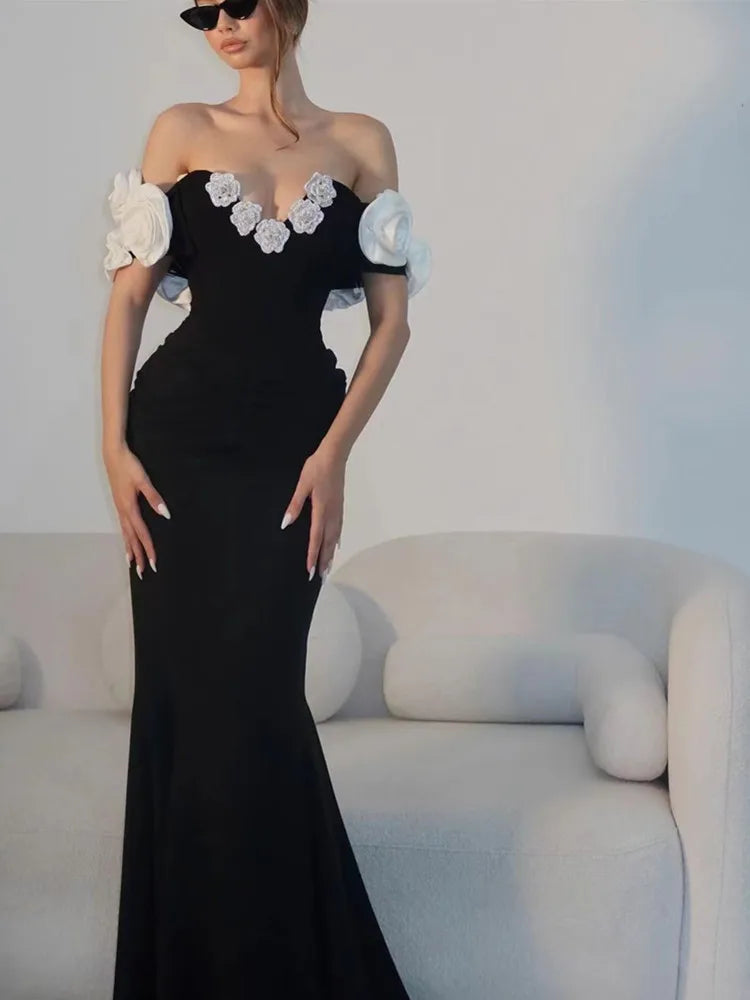 Women Celebrity Summer Sexy Off Shoulder Black Flower Maxi Long Bodycon Bandage Dress Elegant Evening Club Party Outfit