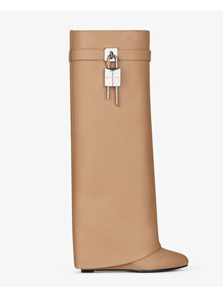 Women's Knee High Boots Shark Lock Long Thick Soled High-heeled Boots Designer Luxury Brand Women's Leather Boots