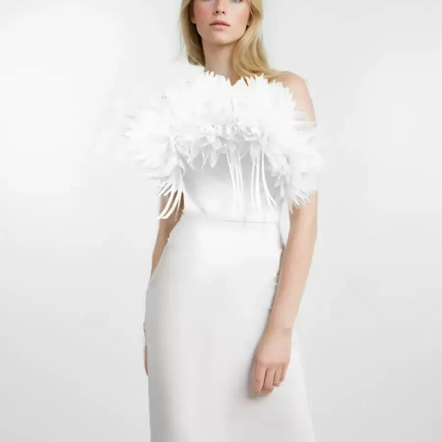 White Red Women Sexy Strapless Feathers Bodycon Long Bandage Dress Celebrate Evening Party Vacation Birthday Outfit
