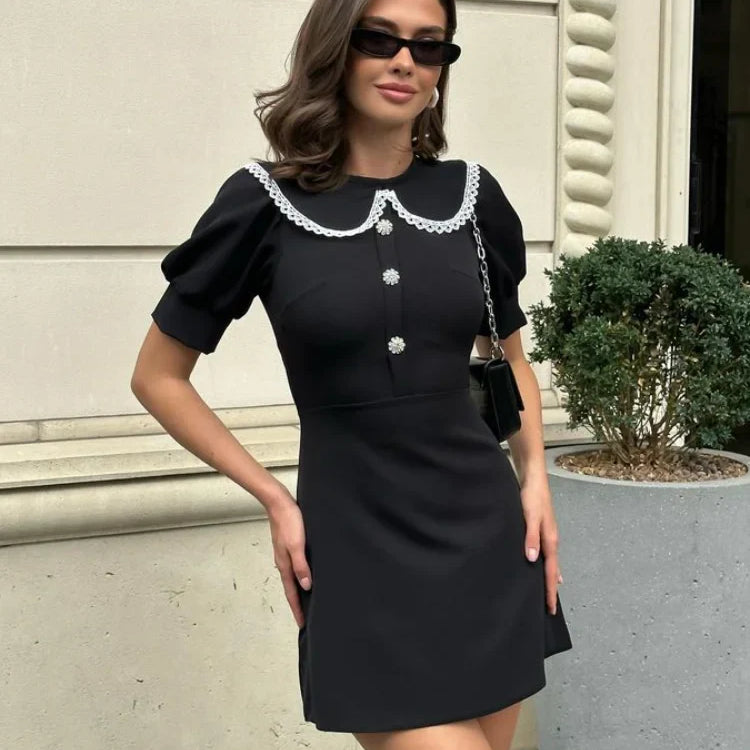 Elegant Doll Collar Mini Dress Women Spring Summer Chic Solid Short Sleeve Sexy Slim Button Dresses Female Commute Clothes