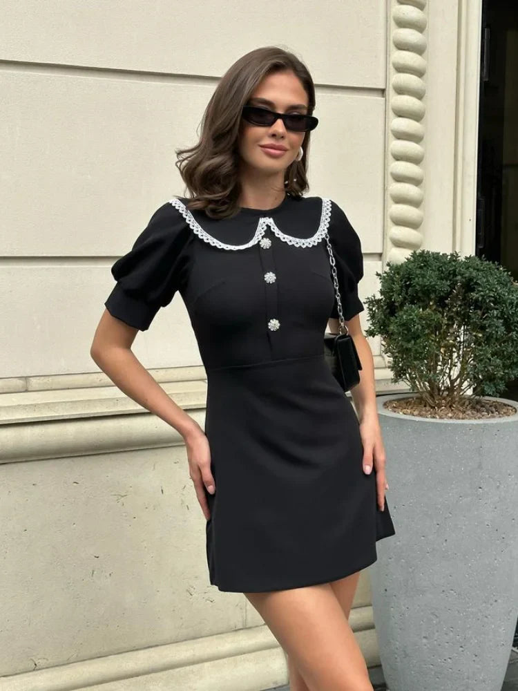 Elegant Doll Collar Mini Dress Women Spring Summer Chic Solid Short Sleeve Sexy Slim Button Dresses Female Commute Clothes