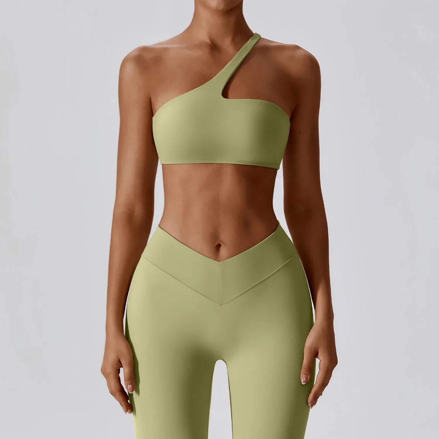 2 Piece Yoga Suit Women's Gym Fitness Push-up Clothes High Waist Leggings One Shoulder Sports Bra Workout Set Fitness Sportswear Bean green