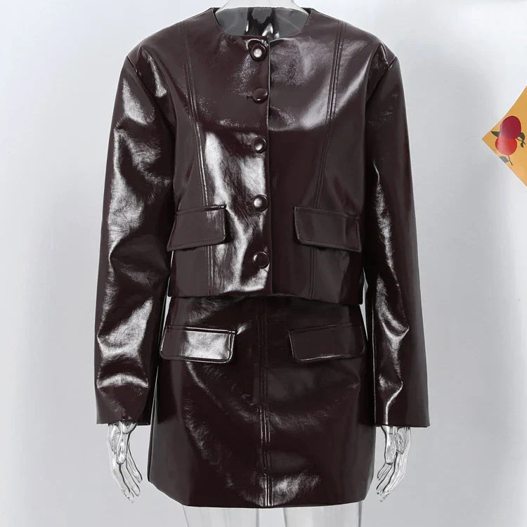 Fashion Leather Coat Skirt Sets Women Autumn Winter O-neck Long Sleeve Single Breasted Coats Mini Skirts Two Piece Set Lady