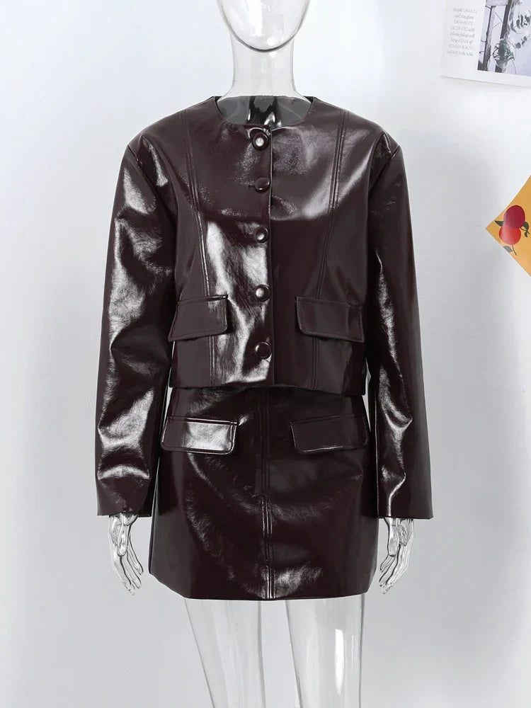 Fashion Leather Coat Skirt Sets Women Autumn Winter O-neck Long Sleeve Single Breasted Coats Mini Skirts Two Piece Set Lady