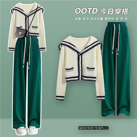Sailor Collar Two Piece Set for Women Knitted Cardigan + Pant Sets Long Sleeve Korean Outfit Tracksuit 2024 New Knit Autumn Suit blue green