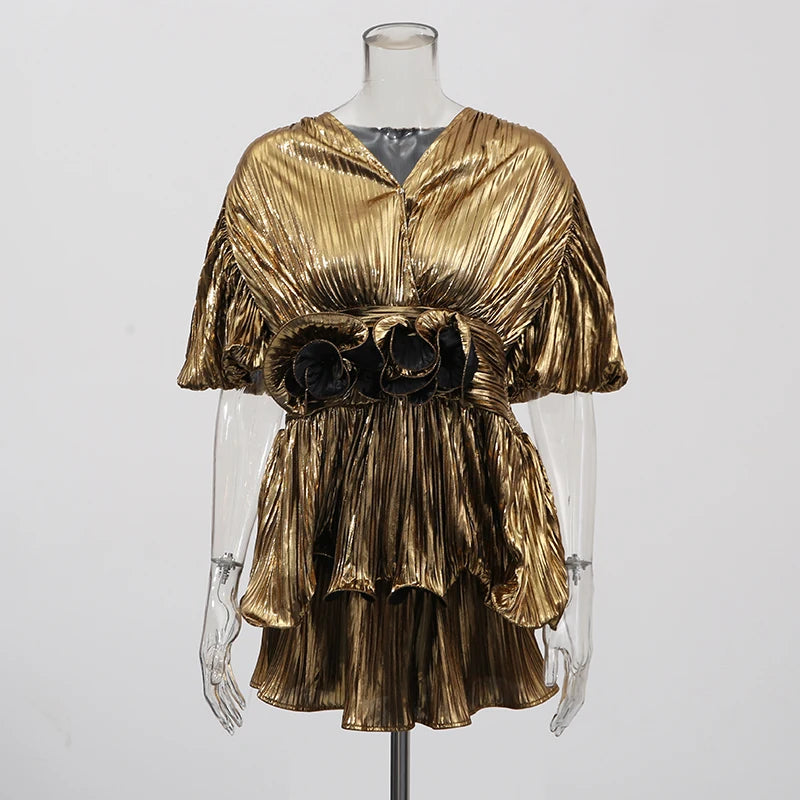 Loose Two Piece Sets for Women V Neck Short Sleeves Spliced 3D Flowers Top Patchwork Elastic Waist Shorts Female