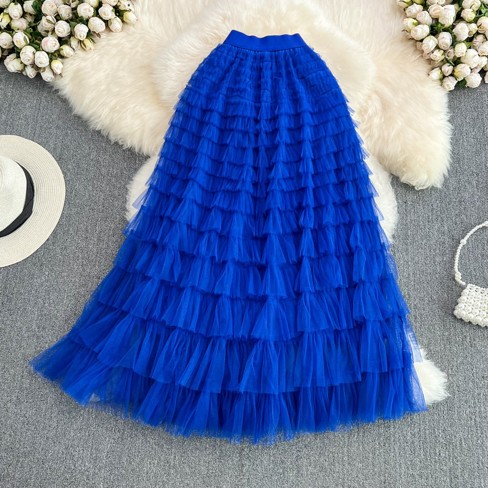 Super Long 97cm Maxi Tulle Skirts for Women 2024 New Chic Patchwork Cake Skirt Multilayer Large Swing A-Line Skirts Mujer Faldas Blue One Size