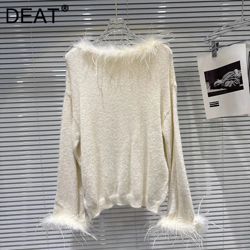 Winter New Style Fashion Feather Trim Loose Elastic Knit Sweater For Women Solid Color Versatile Pullover 11A07673