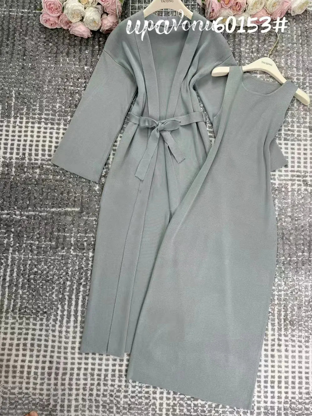 Women's Knitted Long Dress Sets with Polo Collar Long Sleeves Waistband Tie up Cardigan Long Coat+Sleeveless Dress Two Piece Set Image color