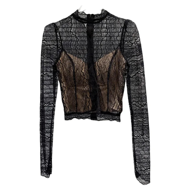 Winter New Fashion Slightly Transparent Lace Design Chest Pad Lined Lace Blouse For Women Versatile Shirts 11A07674