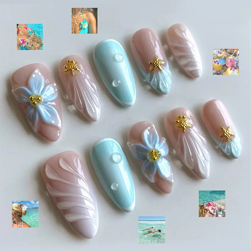 24Pcs Mid-length French Almond Press on Nails Tips with 3D Shell Flower Design Full Cover Fake Nails Art Datachable False Nails 3XB1-13075