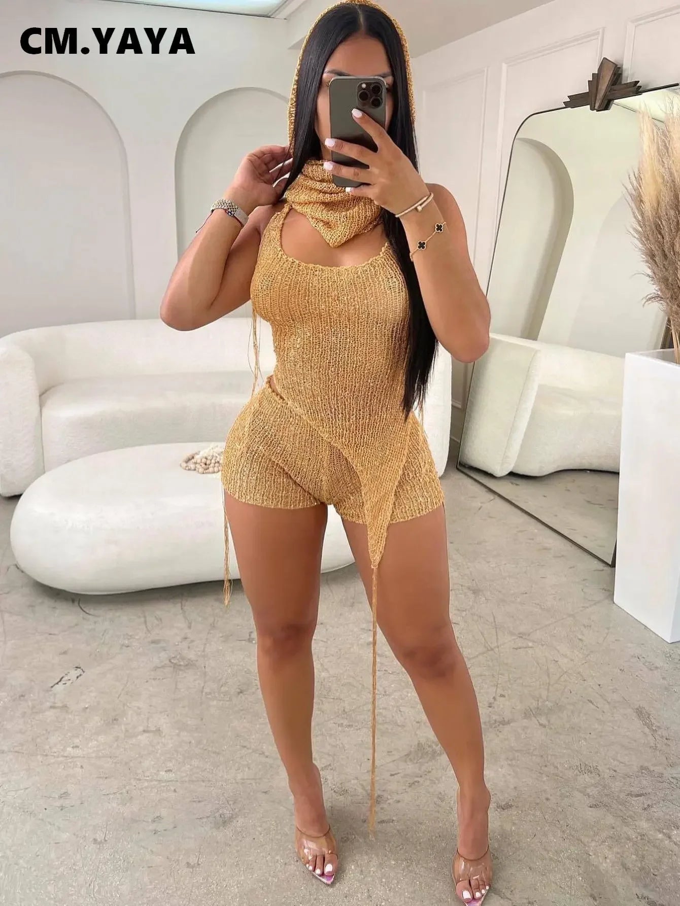 Knit Ribbed Women's Set Halter Neck Backless Crop Top with Hat Shorts Suit 2023 Summer Two 2 Piece Set Outfit Tracksuit