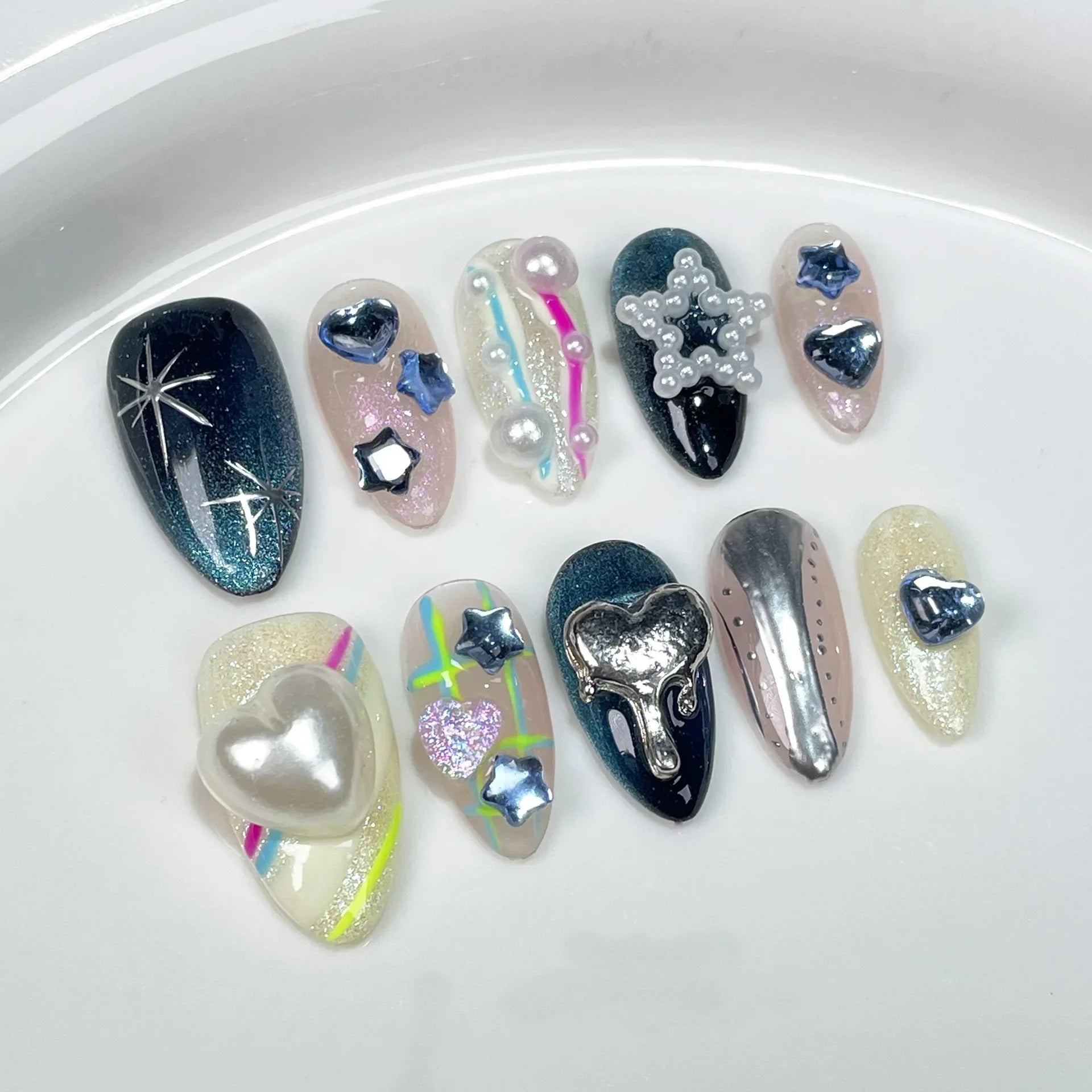 10Pcs Metallic Almond Handmade Fake Nails with Glue Sweet Cool Gel Nail Press on Dark Color Full Cover False Manicure Nail Tips