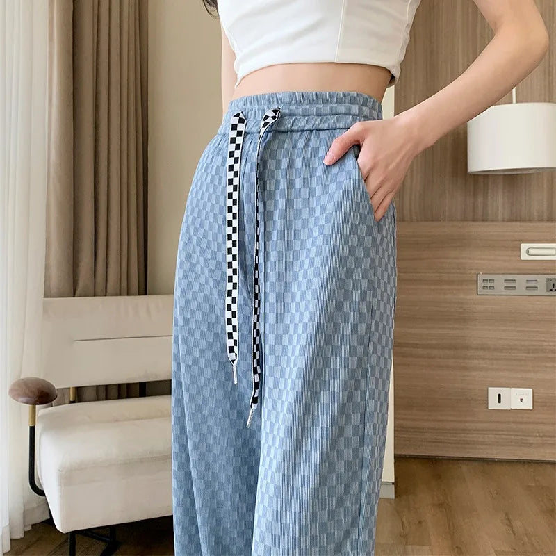 Summer Ice Silk Pants Women's Thin, High Waist, Casual Loose, Slim and Slimming Feeling, Floor Dragging Wide Legged Pants Blue