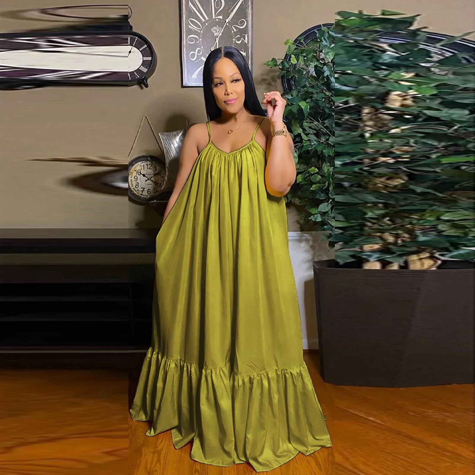 CMYAYA Women Summer Long Maxi Dress Sexy Sleeveless Strap Loose Beach Party Night Club Bandage Female S-5XL Dresses Vestido yellow green