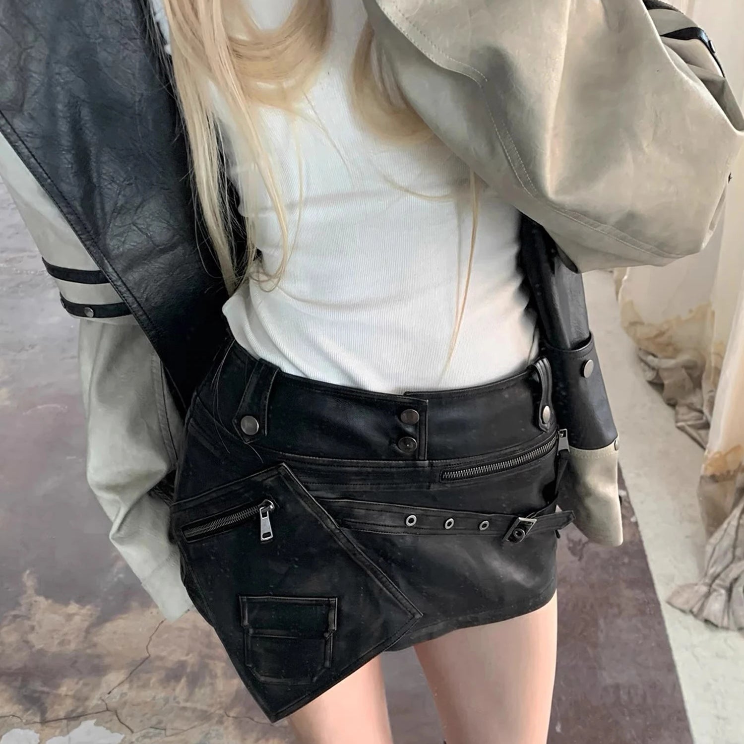 Lautaro Spring Summer Cool Sexy Distressed Black Pu Leather Mini Asymmetrical Skirt Women High Waist Luxury Designer Emo Clothes