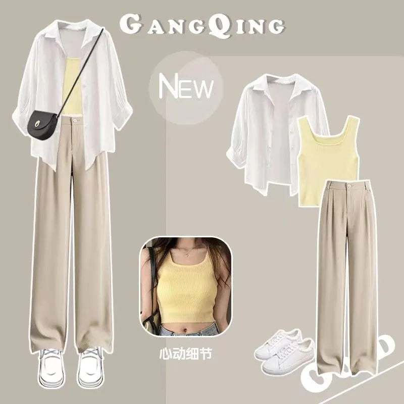 Women's Summer Suit 2024 New Casual Sunscreen Shirt Top+Strap+Casual Pants 3 Piece Korean Elegant Blouse Trousers Matching Set Set 04