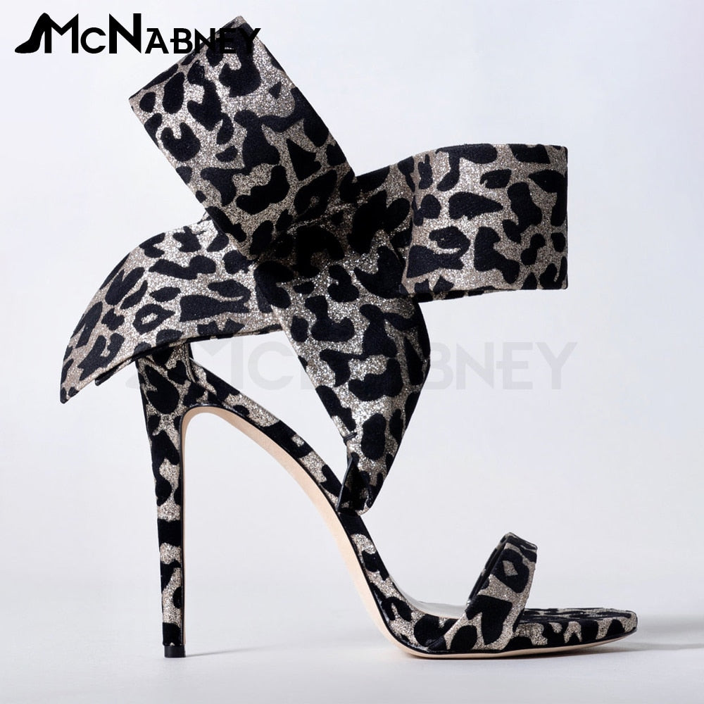 Satin Butterfly Knot High Heels Stiletto Pointed Toe Sandals Luxury Style Shoes Fashion High Heels Shiny Rhinestone Sandals Suede-Leopard