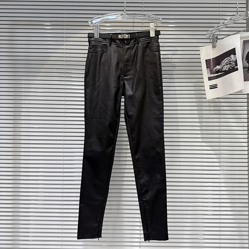 Winter New Fashion Silver Buckle Belt Slim Fit Pencil Pants For Women Black Versatile Boot Trousers Female 11A07922 Black