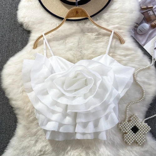 Chic Vintage Backless Corset Bustier Three-dimensional Flower Tank Top Korean Fashion Summer Beach Women Sling Crop Top White One Size