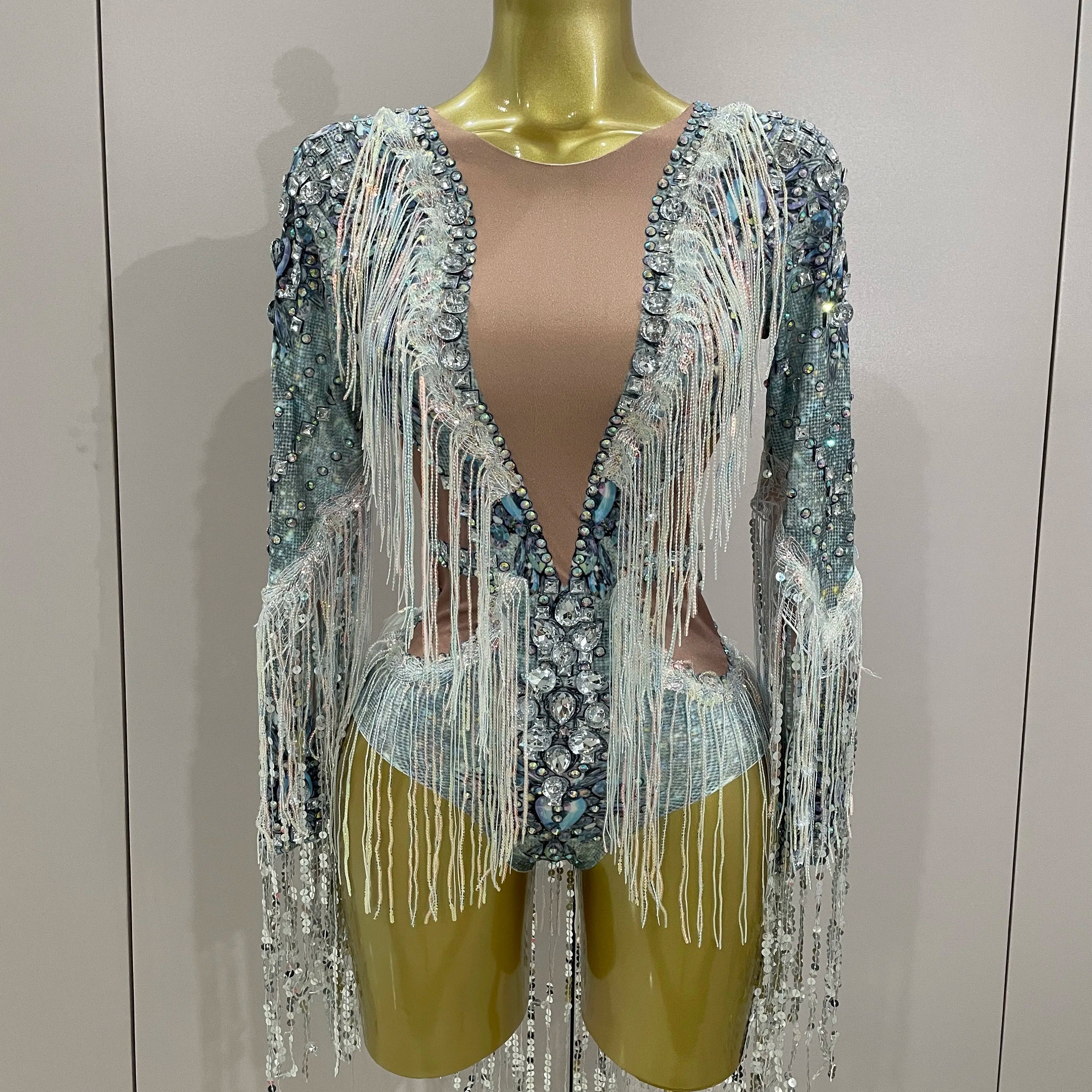 STOCK 2025 Flashing Sequins Tassels Sexy See-Through Sheath Bodysuit Evening Party Nightclub Dancer Stage Perfprmance Costume MULTI