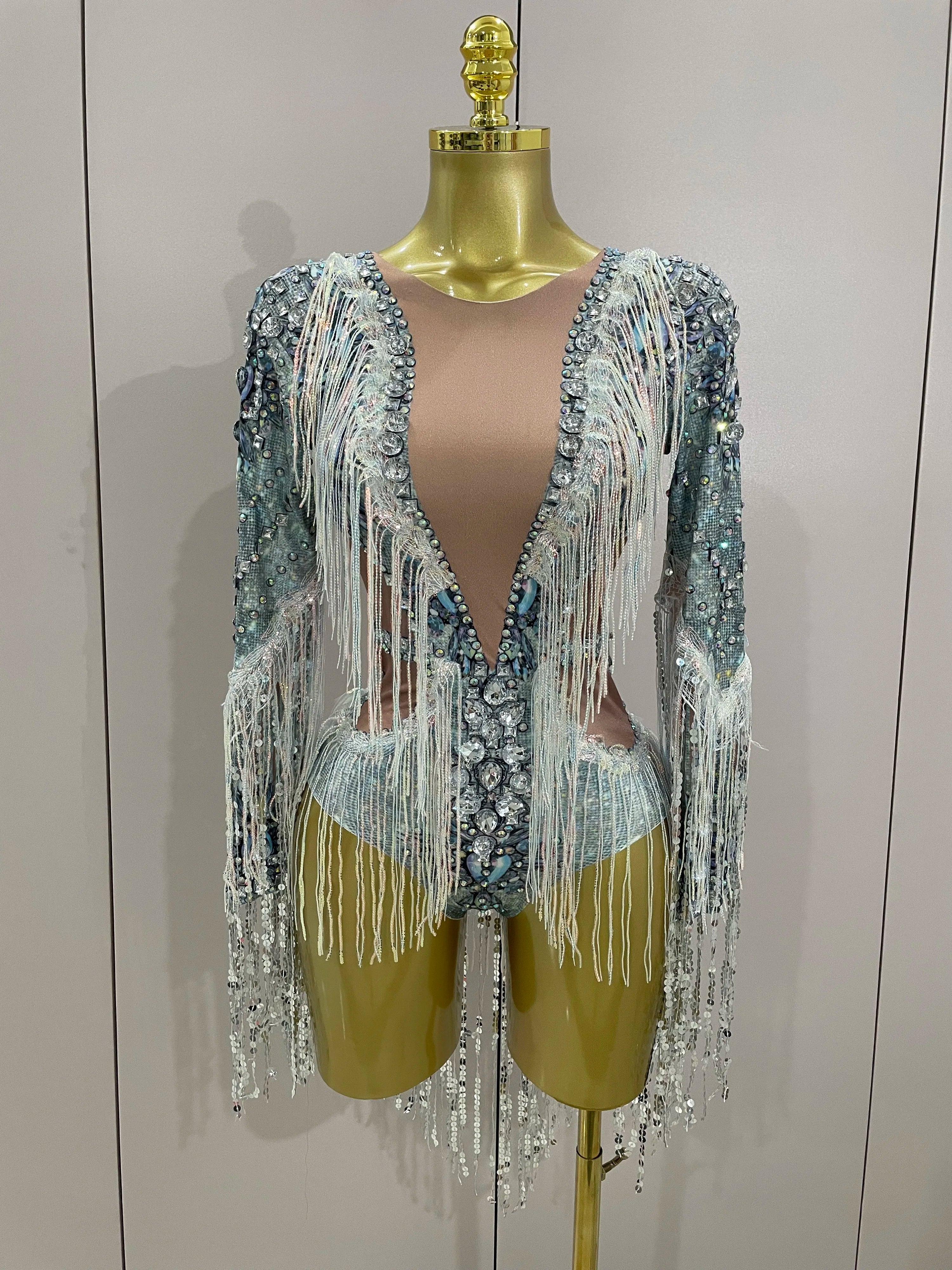 STOCK 2025 Flashing Sequins Tassels Sexy See-Through Sheath Bodysuit Evening Party Nightclub Dancer Stage Perfprmance Costume MULTI