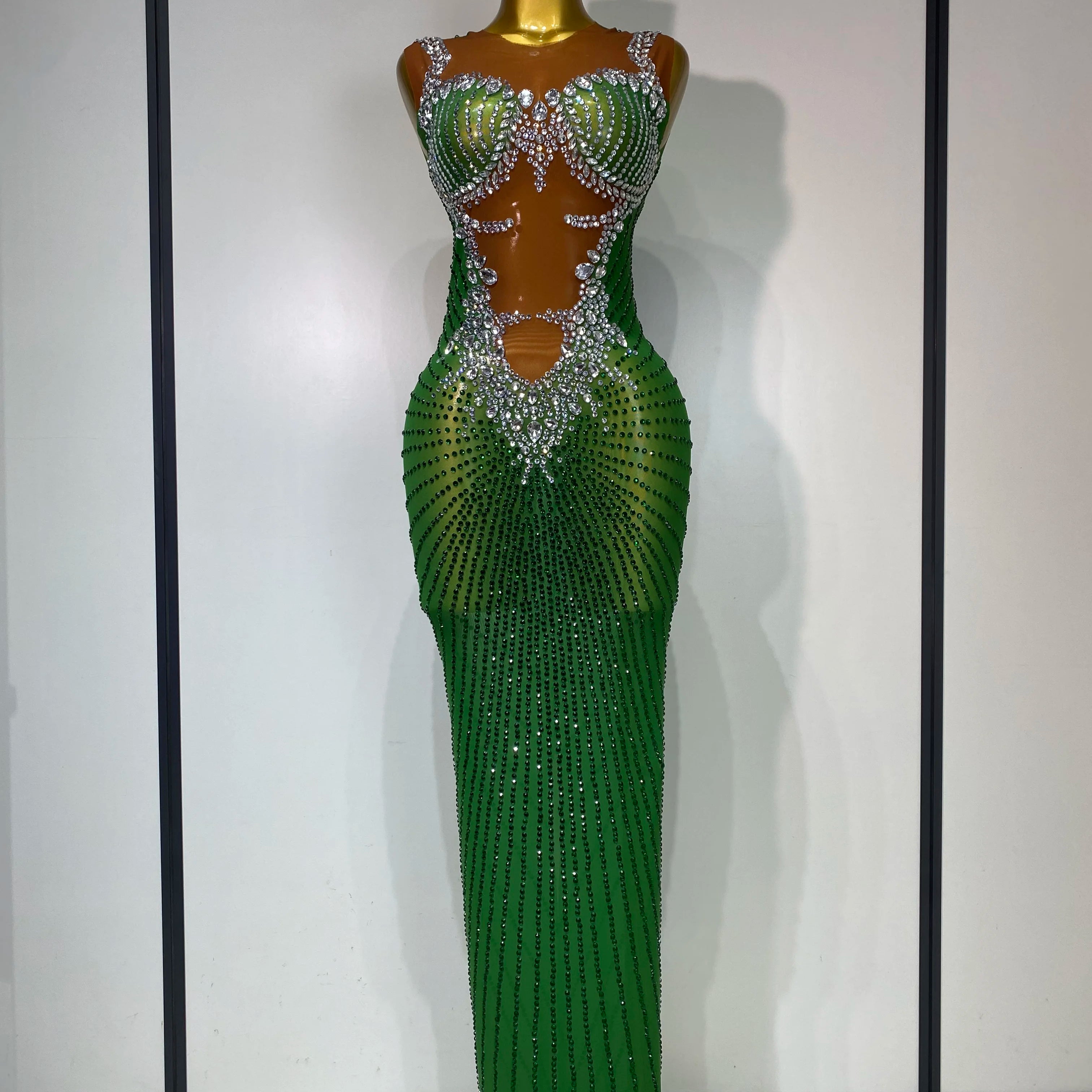 Women Sexy Sparkly Rhinestones Sleeveless Long Dress 2025 Club Birthday Celebrate Evening Photo Shoot Stage Performance Costume green
