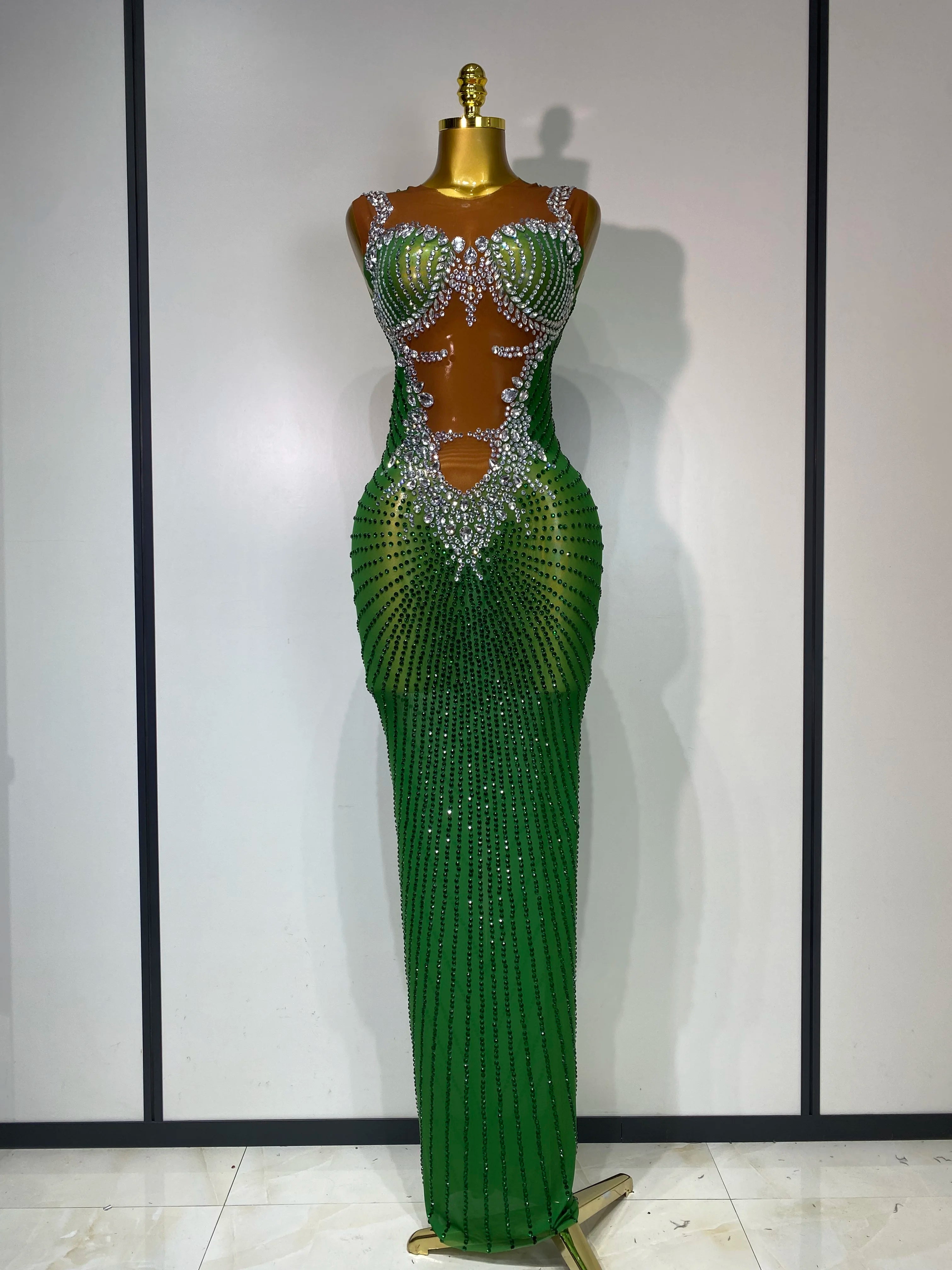 Women Sexy Sparkly Rhinestones Sleeveless Long Dress 2025 Club Birthday Celebrate Evening Photo Shoot Stage Performance Costume green