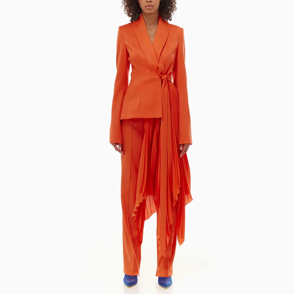 Solid Spliced Folds Blazers For Women V Neck Long Sleeve Patchwork Lace Up Irregular Chic Blazer Female Fashion New