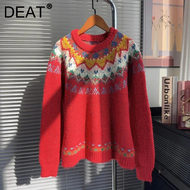 Autumn Winter New Fashion Christmas Red Sweater For Women Loose Lazy Style Contrast Color Knitted Pullover 11A07873