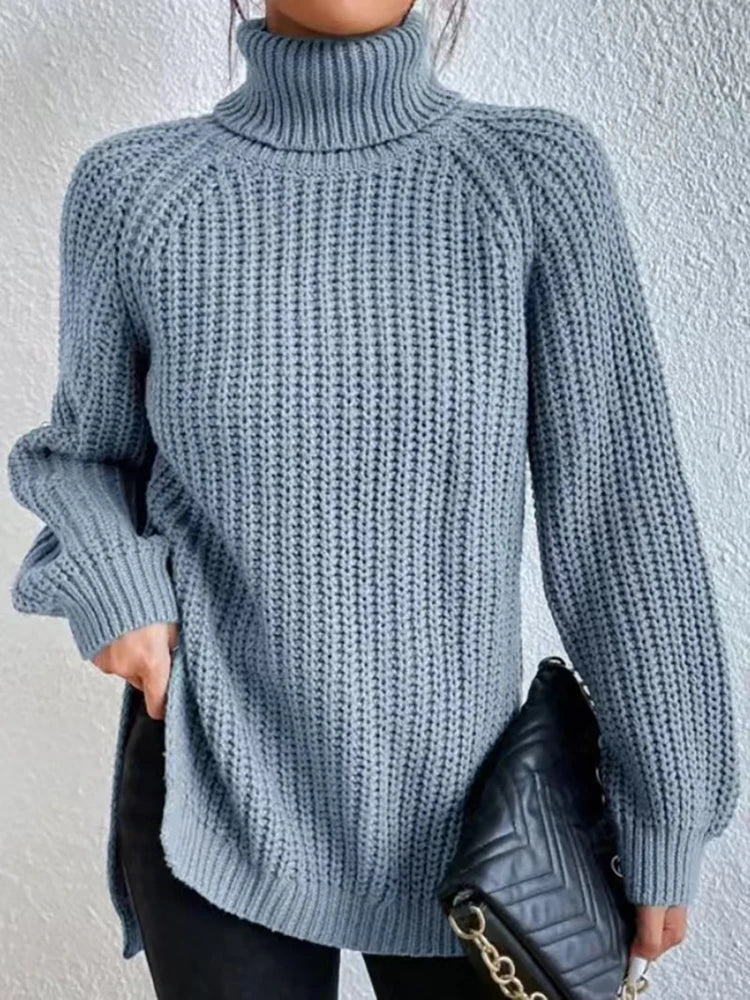 Women Winter Turtleneck Loose Sweater Elegant Drop Sleeve Side Split Pullover Vintage Harajuku Chic Jumpers Oversized knit Tops Light blue