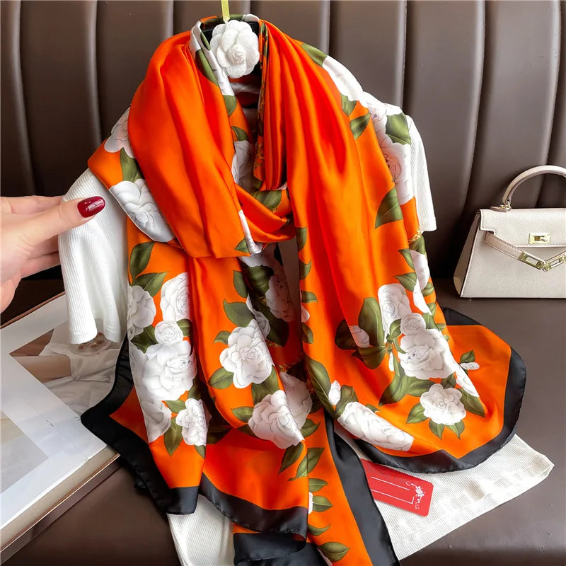 180*90cm Luxury Silk Scarf Women Printing Long Sun Protection Shawl Large Size Bandanna Foulard Muffler Hijab Scarves Soft Wraps