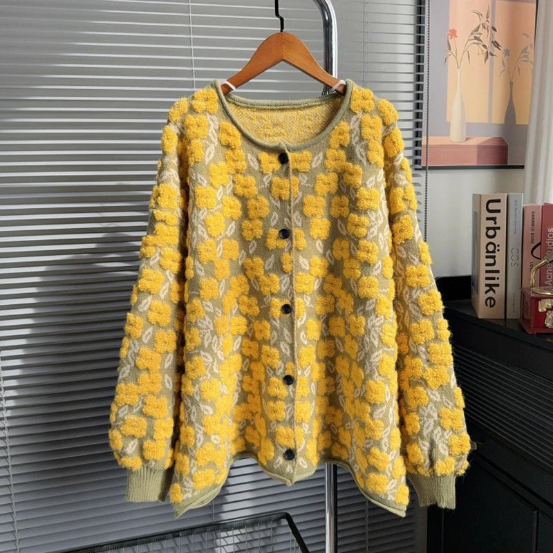 Autumn Winter New Heavy Jacquard Knitted Cardigan For Women Casual Loose High-End Lazy Style Sweater Coat 11A07748 Yellow One Size