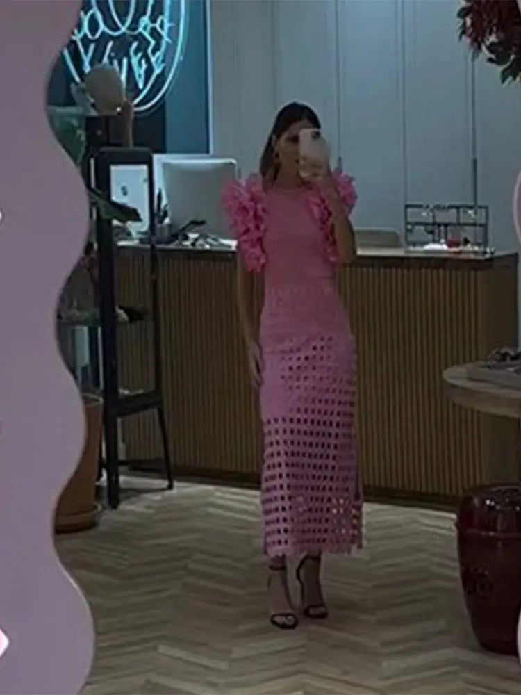 Women Elegant Pink Spliced Pleated Lace Midi Dress Chic Round Neck Sleeveless Hollow Out Robe New Lady Party Slim Vestidos