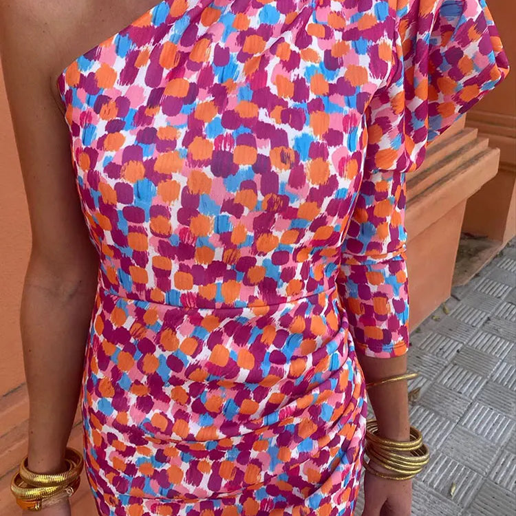 Women's Diagonal Shoulder Printed Maxi Dresses Fashion Asymmetric Long Puff Sleeve Dress New Lady Party Club Vestidos