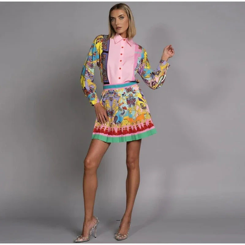 Elegant Print Short Shirt Skirts Sets Women Pink Lantern Long Sleeve Shirts Mini Pleated Female Summer Slim Ladies Suit