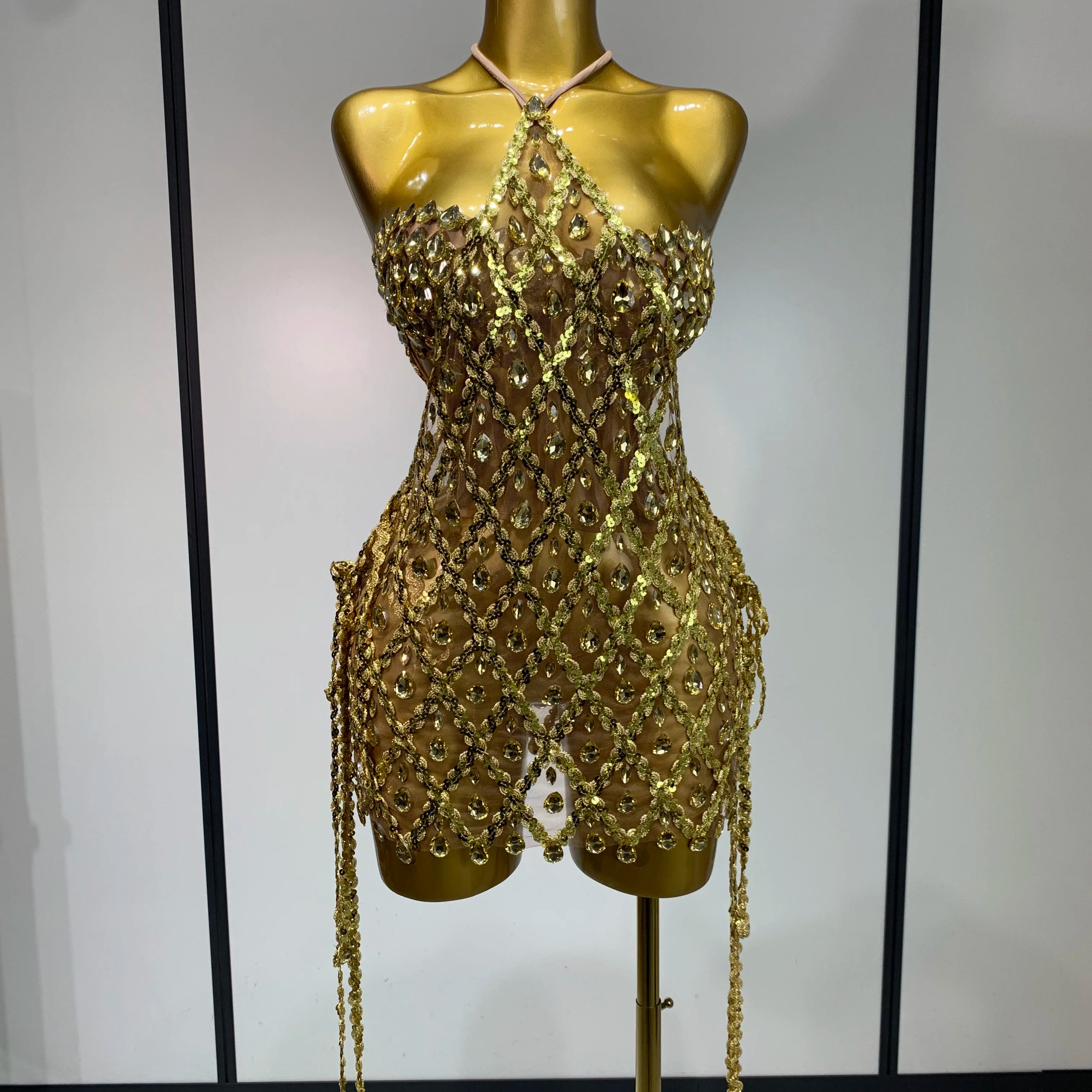 Sparkly Sequin Diamond Mesh Transparent Two Piece Set Women 2025 Sexy Evening Party Celebrate Birthday Photo Shoot Wear Gold