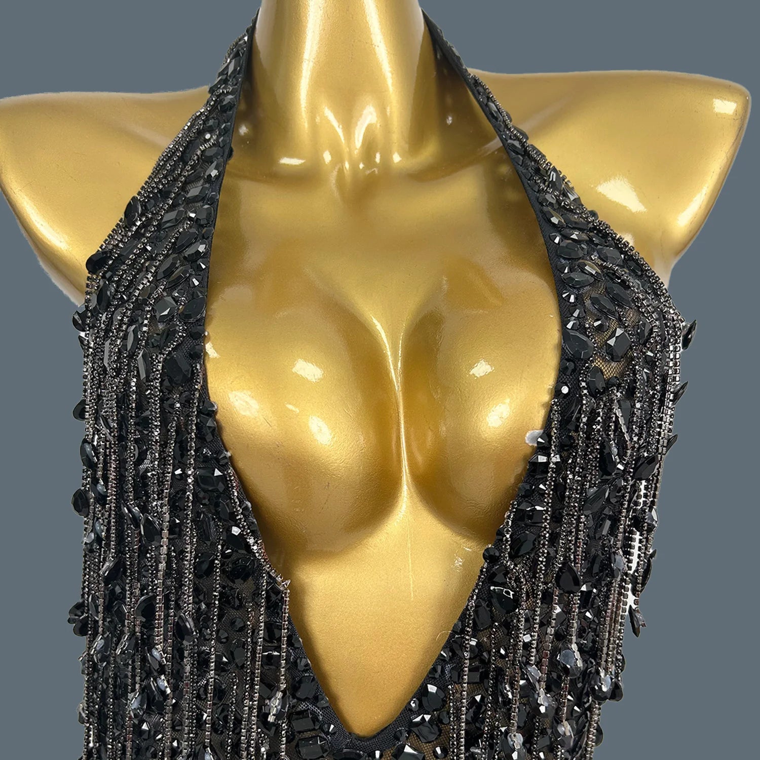 Black Tassel Sparkly Crystals Deep V Neck Evening Gown Low-cut Long Dress Birthday Celebrate Party Photo Shoot Wear Wulongweibo