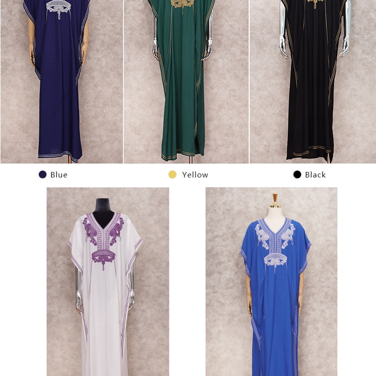 Vintage Embroidery Kaftan Sexy V-neck Batwing Sleeve High Waist Maxi Dress Tunic Women Clothing Summer Beach Dresses Q660