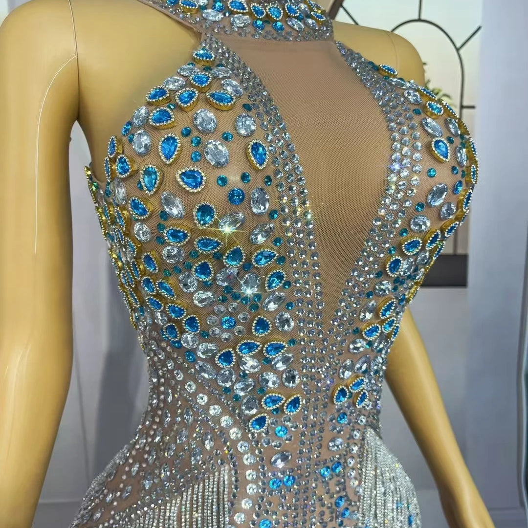 High-end Evening Gown Sparkly Diamonds Sheer Mesh Floor-length Dress Luxury Crystals Tassel Birthday Prom Ball Dress Lancaihua