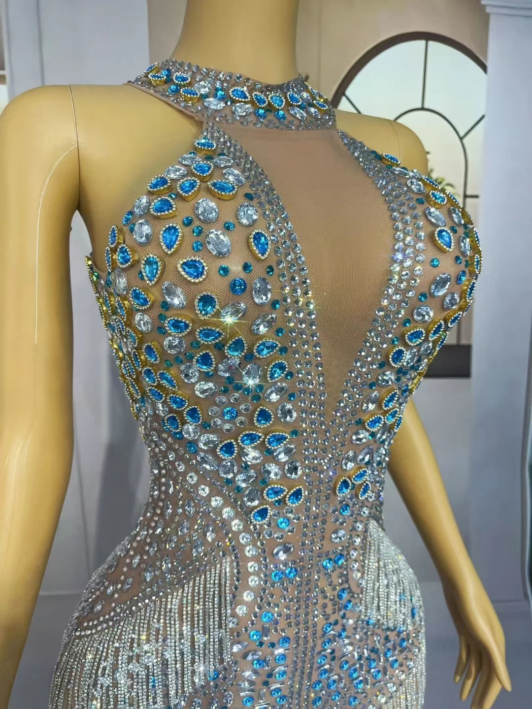 High-end Evening Gown Sparkly Diamonds Sheer Mesh Floor-length Dress Luxury Crystals Tassel Birthday Prom Ball Dress Lancaihua