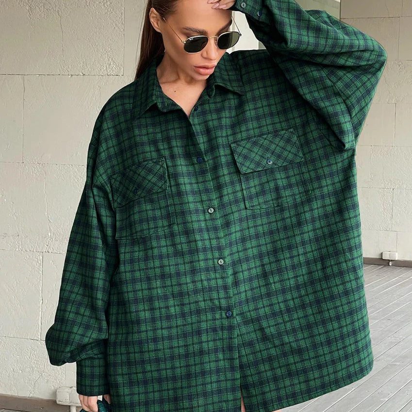 Bclout Casual Green Plaids Loose Blouses For Women 2022 Winter Vintage Long Sleeve Party Shirts Flannel Elegant Office Lady Tops