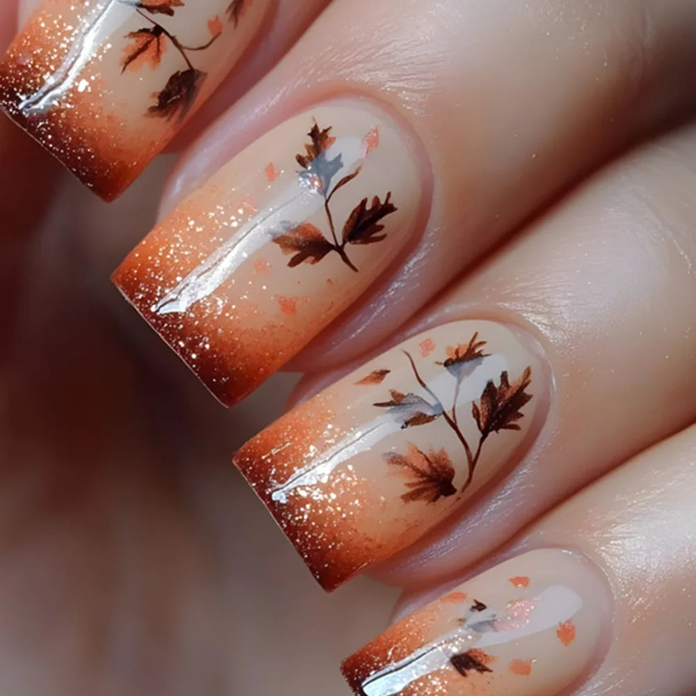 Short middle square ballet fake nails sparkling plant flowers maple leaves gradient Peacock feathers press on false nails set 1671