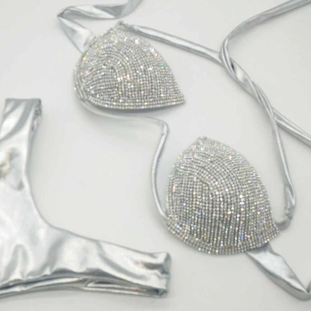 Sexy Crystal Diamond Triangle Bikini Rhinestone Push Up Women’s Swimwear Shiny Gathered Thong Swimsuit