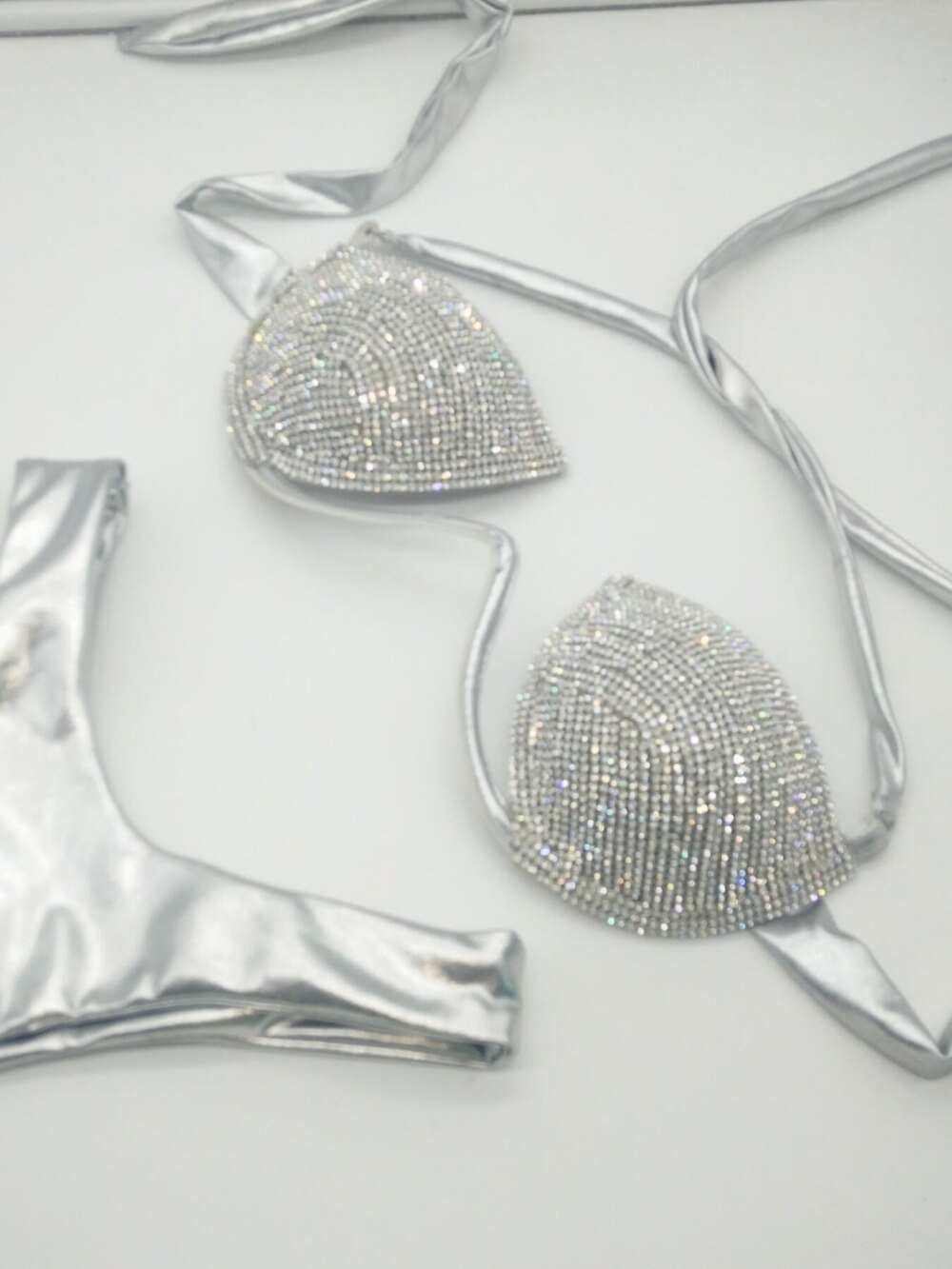 Sexy Crystal Diamond Triangle Bikini Rhinestone Push Up Women’s Swimwear Shiny Gathered Thong Swimsuit