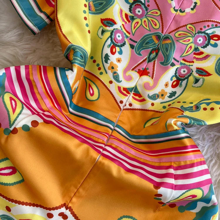 Summer Fashion Designer Dress Women's O-Neck Short Sleeve Floral Print Stripe Vintage Belt Lace Up Irregular Midi Vestidos